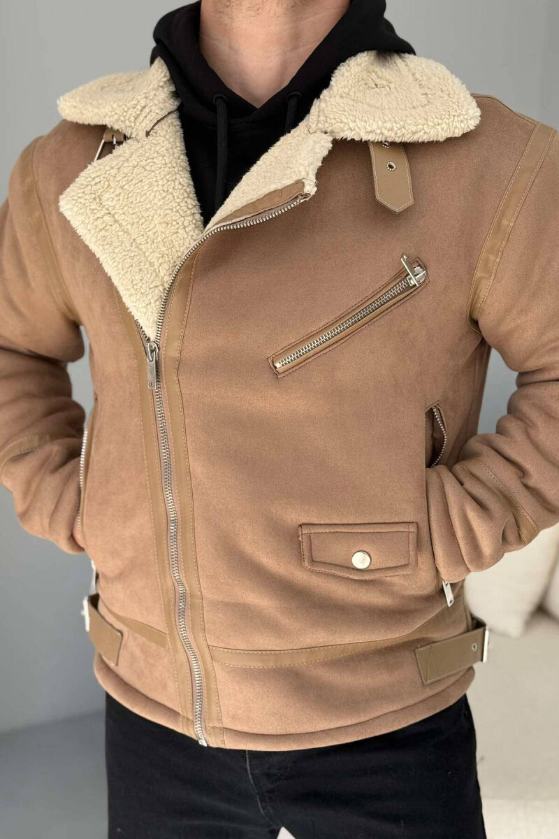 BELTED MEN JACKET WITH ZIPPERS IN BEIGE COLOR - 1