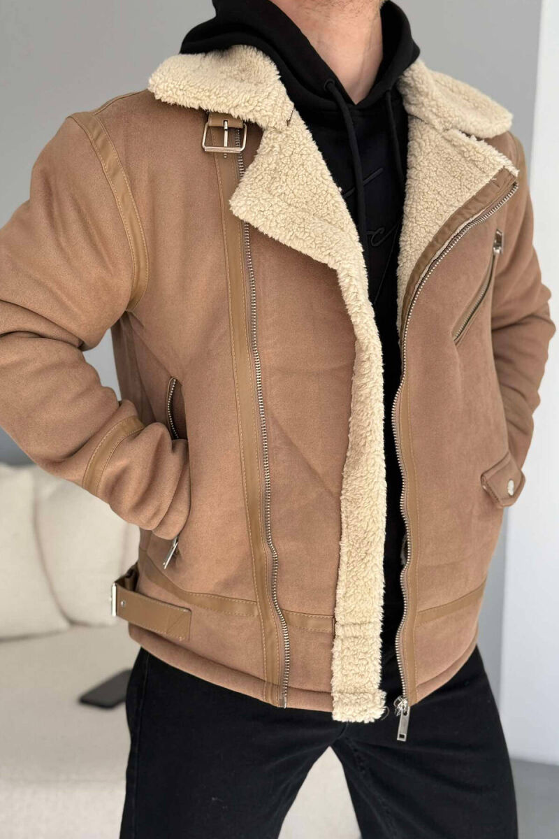 BELTED MEN JACKET WITH ZIPPERS IN BEIGE COLOR - 4