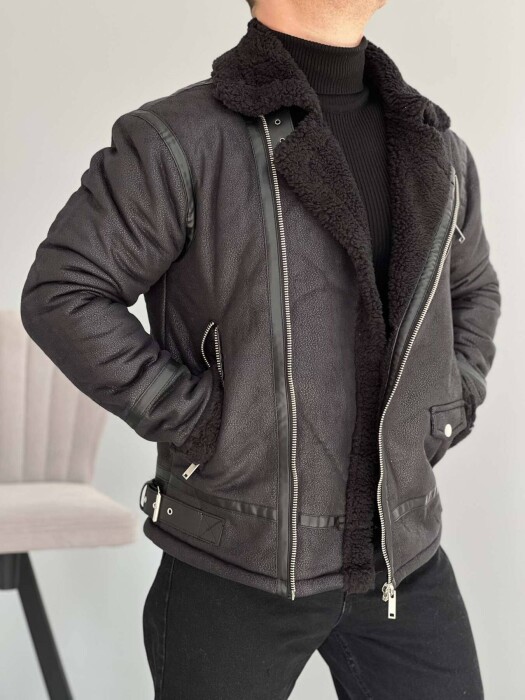 BELTED MEN JACKET WITH ZIPPERS IN BLACK COLOR - 1