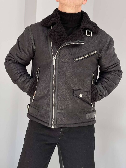 BELTED MEN JACKET WITH ZIPPERS IN BLACK COLOR - 4