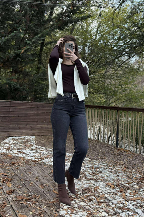 BELTED ONE COLOR SIMPLE WOMEN JEANS DARK GREY/GEE - KLAUDIO FASHION