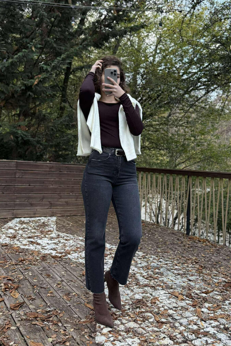 BELTED ONE COLOR SIMPLE WOMEN JEANS DARK GREY/GEE - 1