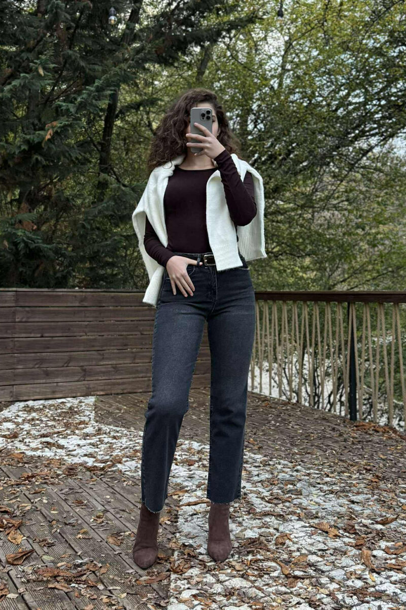 BELTED ONE COLOR SIMPLE WOMEN JEANS DARK GREY/GEE - 2