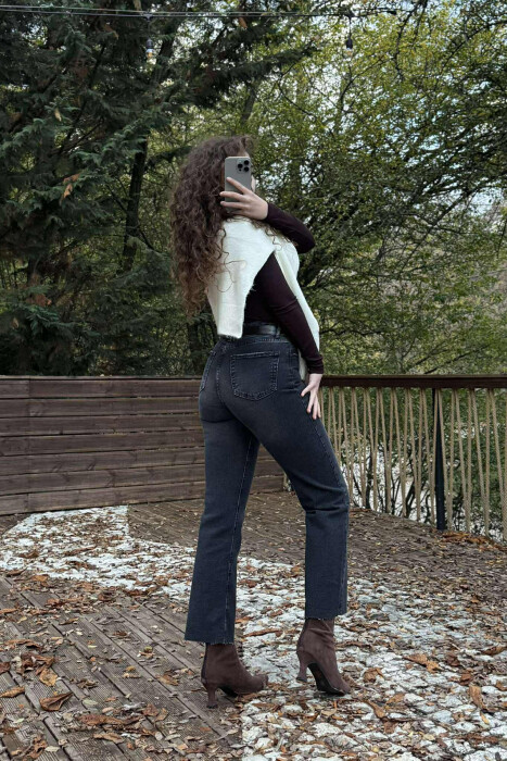 BELTED ONE COLOR SIMPLE WOMEN JEANS DARK GREY/GEE - 5