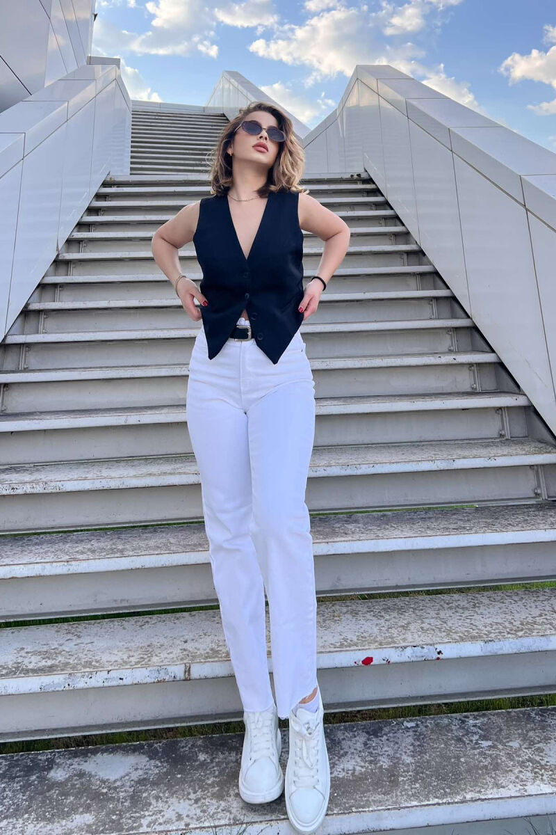 BELTED ONE COLOR SIMPLE WOMEN JEANS WHITE-E BARDHE - 2