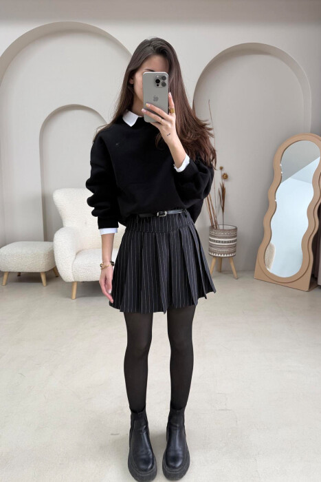 BELTED STRIPED WOMEN SKIRT BLACK/ E ZEZE - 3