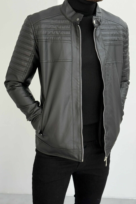 BIKER LEATHER ZIPPER ONE COLOR MEN JACKET BLACK/ E ZEZE - 2