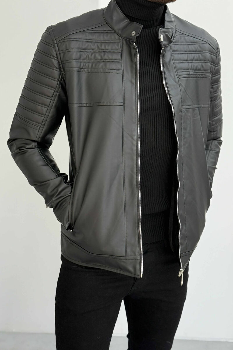 BIKER LEATHER ZIPPER ONE COLOR MEN JACKET BLACK/ E ZEZE - 2