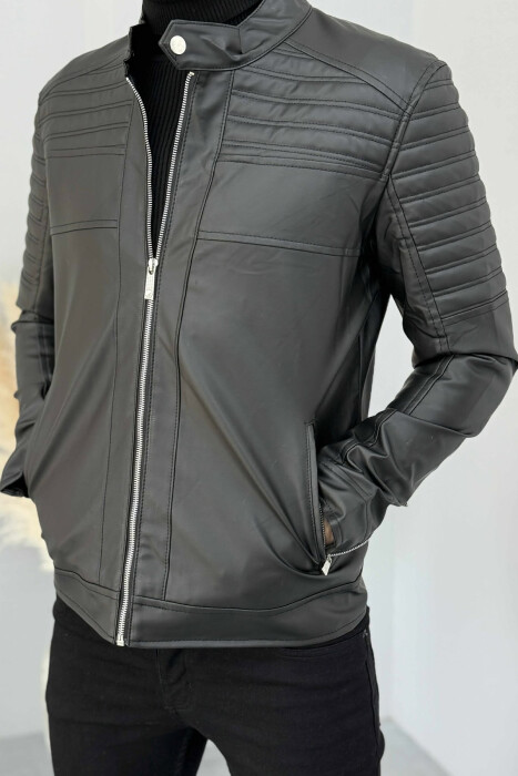 BIKER LEATHER ZIPPER ONE COLOR MEN JACKET BLACK/ E ZEZE - 5