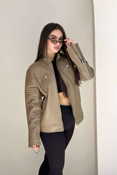 BIKER ONE COLOR SIMPLE WOMEN JACKET BROWN/KAFE 