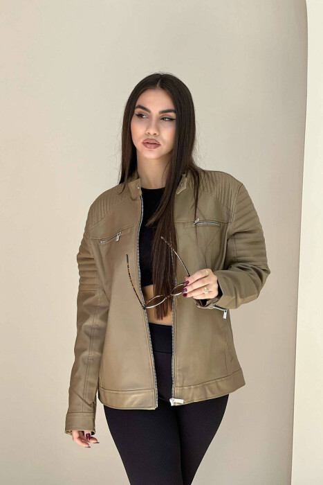 BIKER ONE COLOR SIMPLE WOMEN JACKET BROWN/KAFE - 2