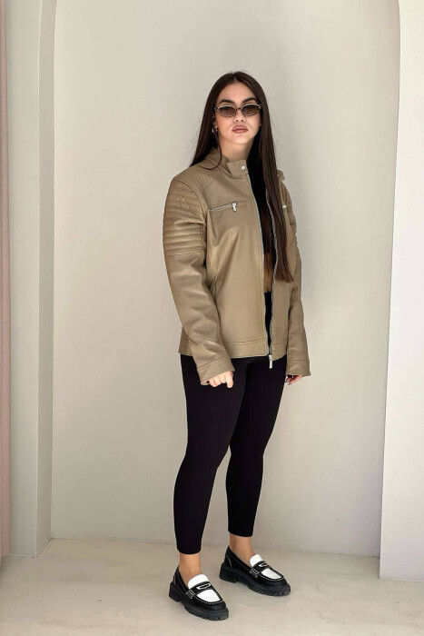 BIKER ONE COLOR SIMPLE WOMEN JACKET BROWN/KAFE - 3
