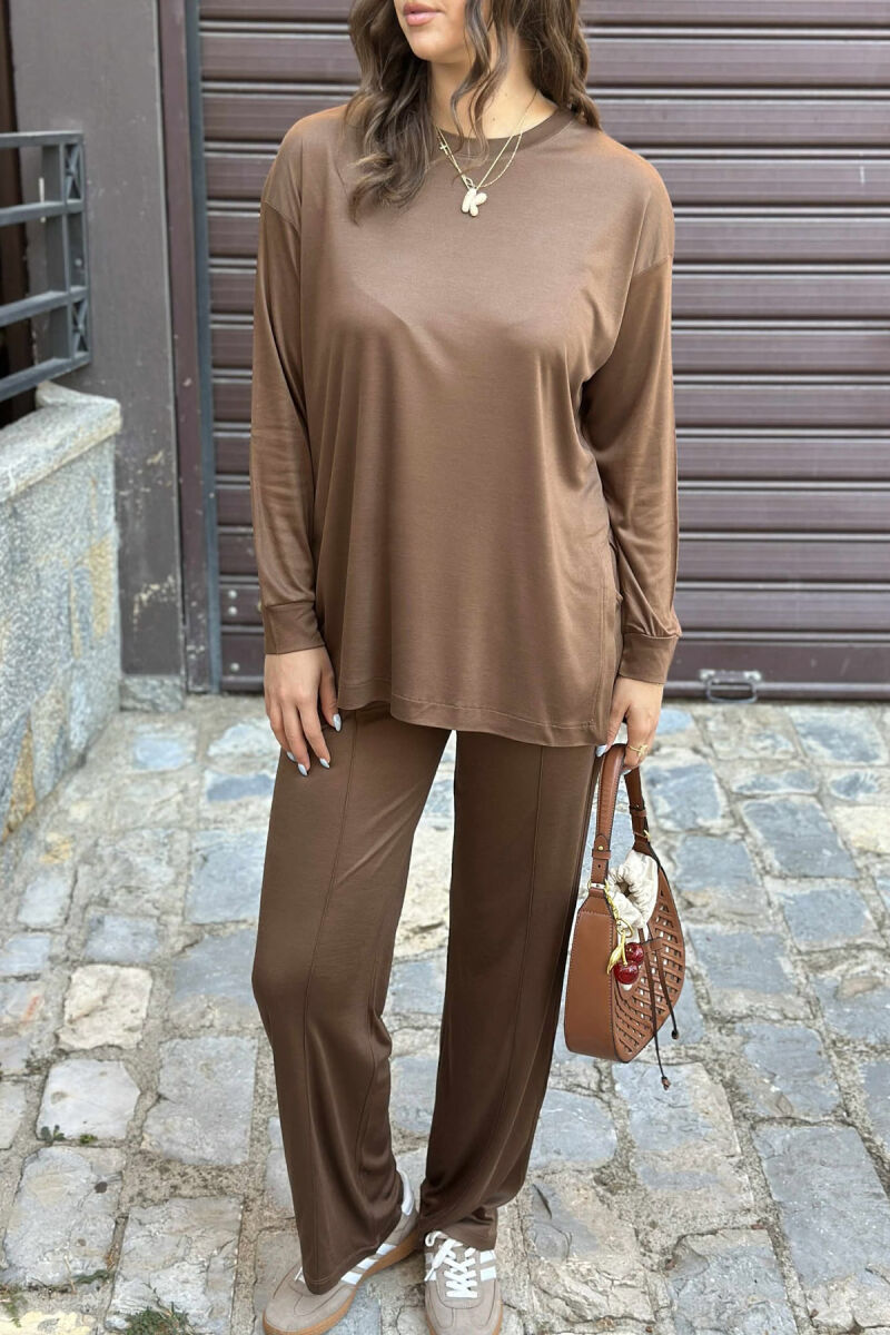 T-SHIRT+WIDE LEG SWEATPANTS ONE COLOR WOMEN SET BROWN/KAFE - 4