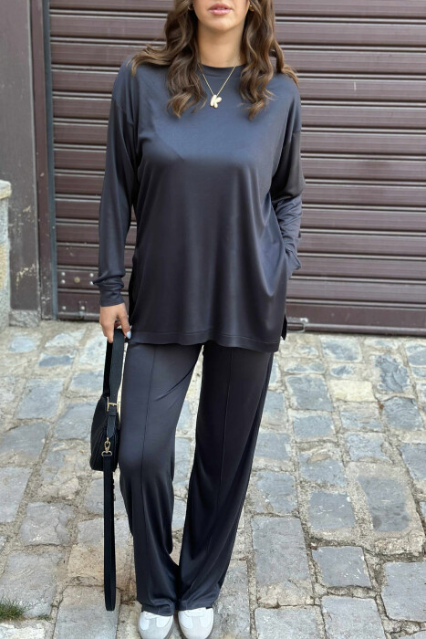 T-SHIRT+WIDE LEG SWEATPANTS ONE COLOR WOMEN SET DARK GREY/GEE - 5