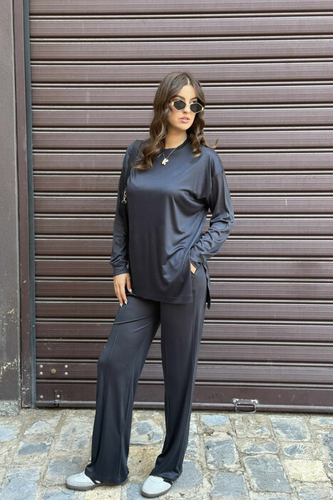 T-SHIRT+WIDE LEG SWEATPANTS ONE COLOR WOMEN SET DARK GREY/GEE - 3