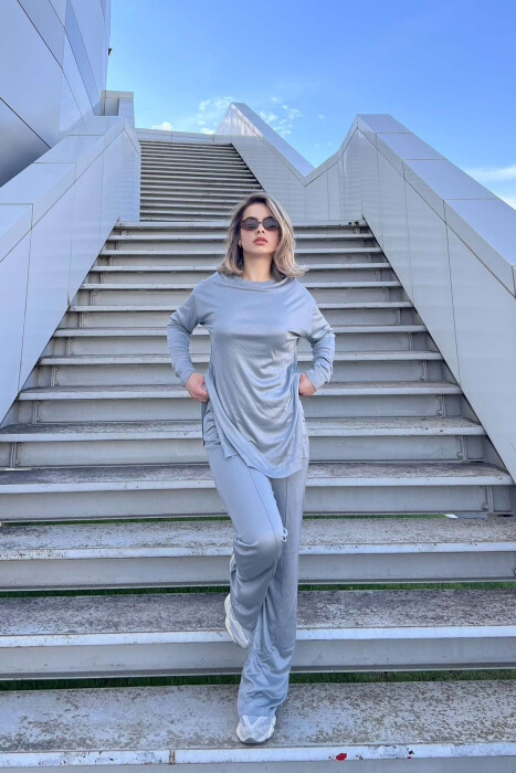 BLOUSE+WIDE LEG SWEATPANTS ONE COLOR WOMEN SET IN GREY COLOR - 2