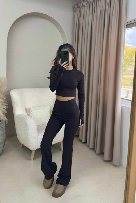 BLOUSE+TROUSERS ONE COLOR WOMEN SET DARK BROWN/KAE - 2