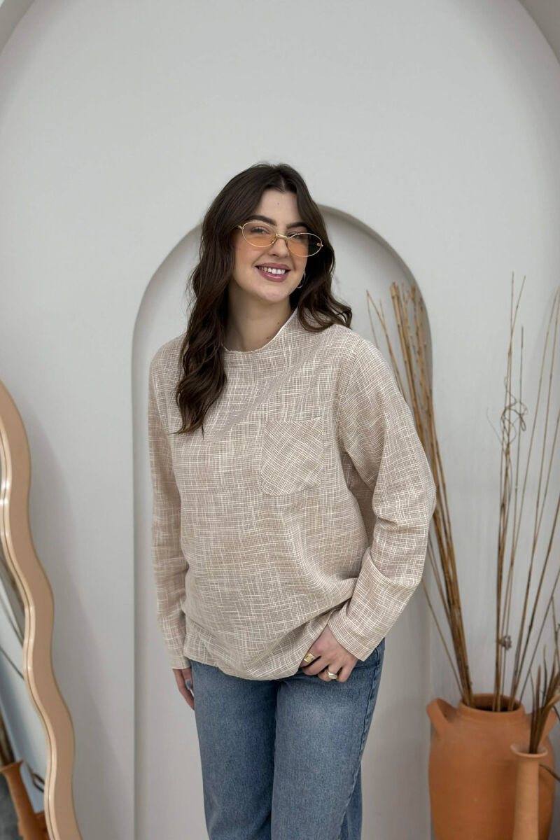 BLUZË E THJESHTË ME DETAJIN E XHEPIT PËR FEMRA NË NGJYRËN BEZHË - 2