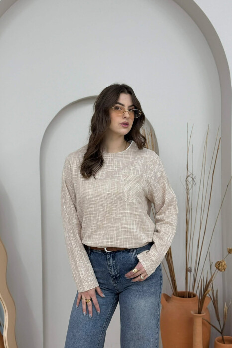 BLUZË E THJESHTË ME DETAJIN E XHEPIT PËR FEMRA NË NGJYRËN BEZHË - 4