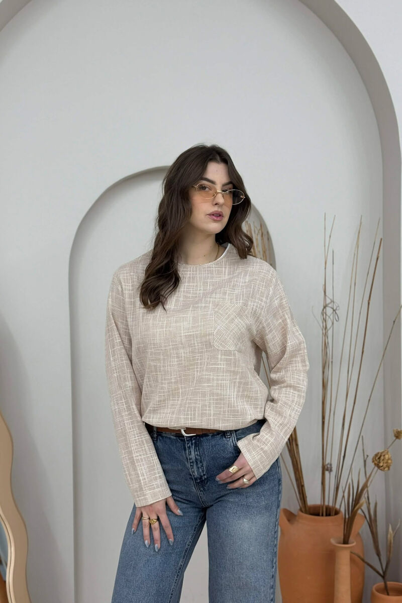 BLUZË E THJESHTË ME DETAJIN E XHEPIT PËR FEMRA NË NGJYRËN BEZHË - 4