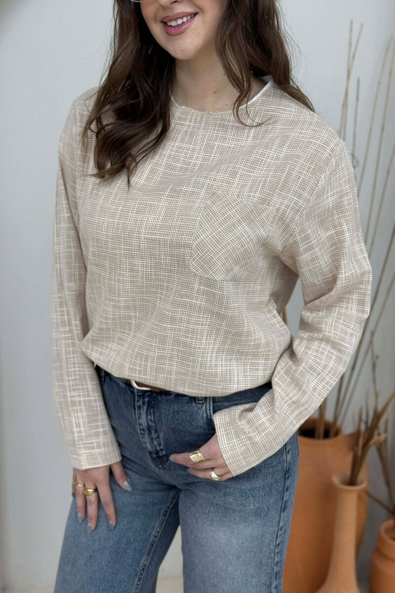 BLUZË E THJESHTË ME DETAJIN E XHEPIT PËR FEMRA NË NGJYRËN BEZHË - 5