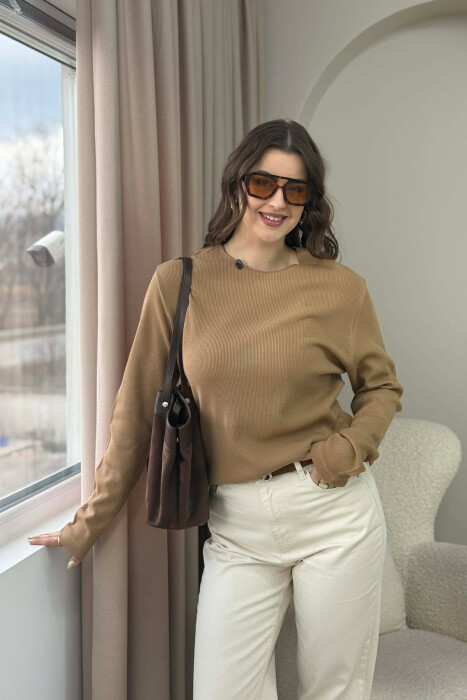 ONE COLOR ROUND NECK WOMEN SWEATER BROWN/KAFE - KLAUDIO FASHION
