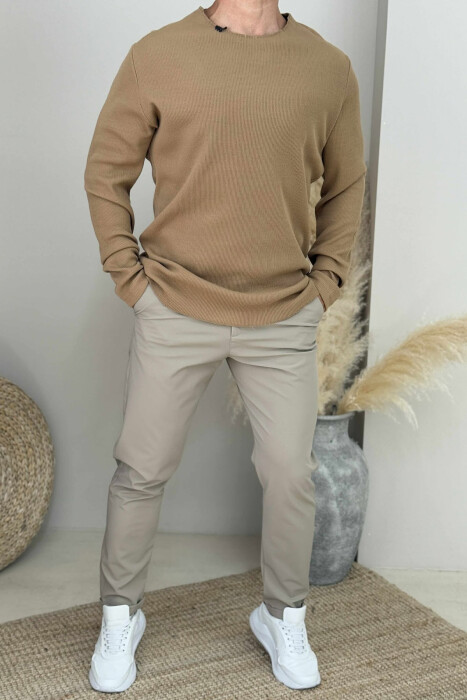 ONE COLOR ROUND NECK MEN SWEATER BROWN/KAFE - 1