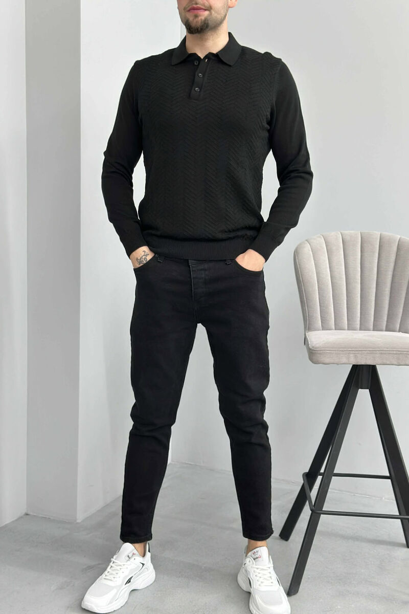 BLUZË ME JAKË POLO DHE KOPSA PËR MESHKUJ NË NGJYRË TË ZEZË - 1