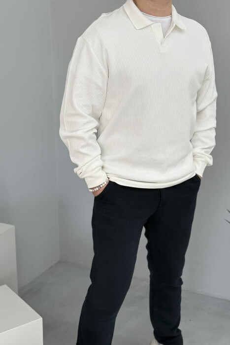 BLUZË ME JAKË POLO ME TEKSTURË PËR MESHKUJ NË NGJYRËN E BARDHË - KLAUDIO FASHION