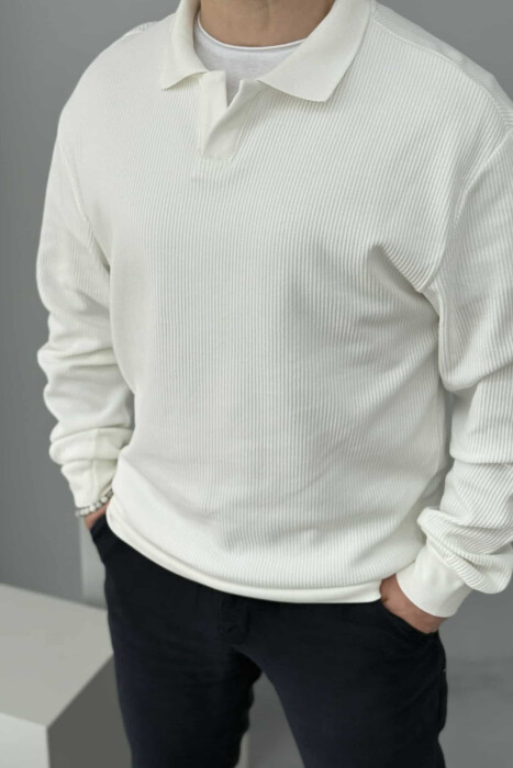 BLUZË ME JAKË POLO ME TEKSTURË PËR MESHKUJ NË NGJYRËN E BARDHË - 2