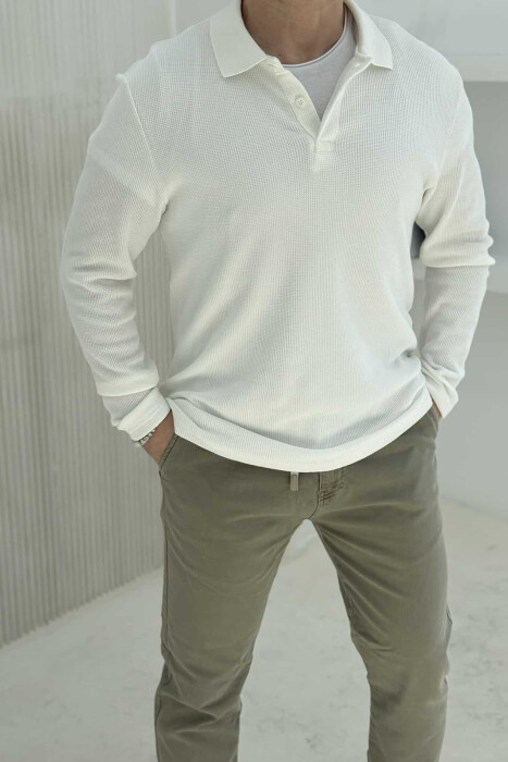 BLUZË ME JAKË POLO ME TEKSTURË PËR MESHKUJ NË NGJYRËN E BARDHË - KLAUDIO FASHION