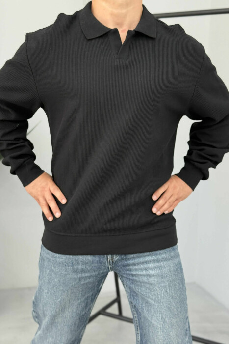 BLUZË ME JAKË POLO ME TEKSTURË PËR MESHKUJ NË NGJYRËN E ZEZË - 5