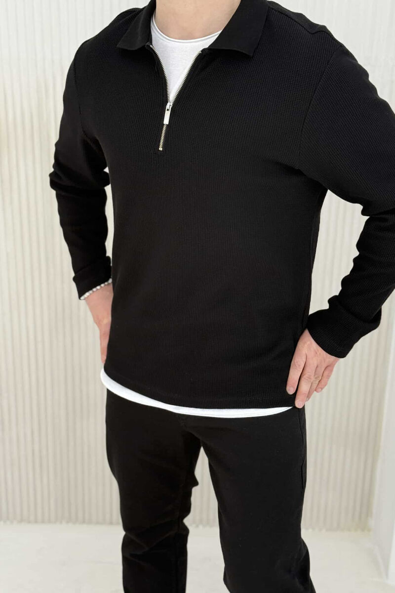 BLUZË ME JAKË POLO ME TEKSTURË PËR MESHKUJ NË NGJYRËN E ZEZË - 3