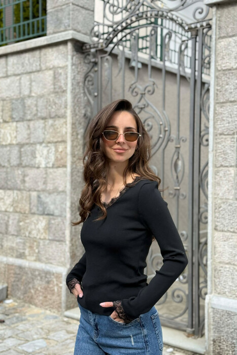 BLUZE ME MENGE TE GJATA ME DETAJ DANTELLE PER FEMRA NE NGJYRE TE ZEZE - 4