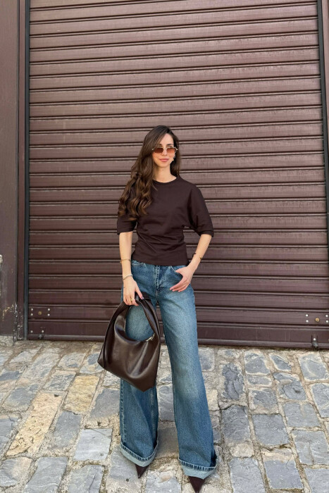 BLUZE ME MENGE TE SHKURTA PER FEMRA NE NGJYRE KAFE - 3