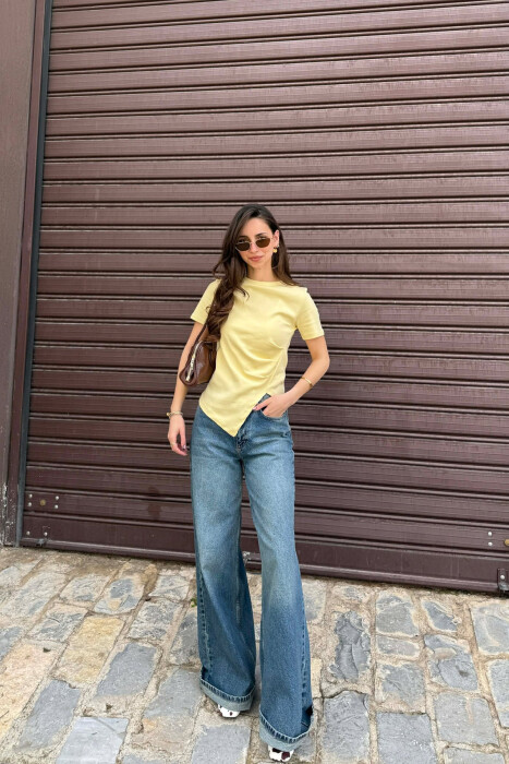 BLUZE ME MENGE TE SHKURTA PER FEMRA NE NGJYRE TE VERDHE - 3