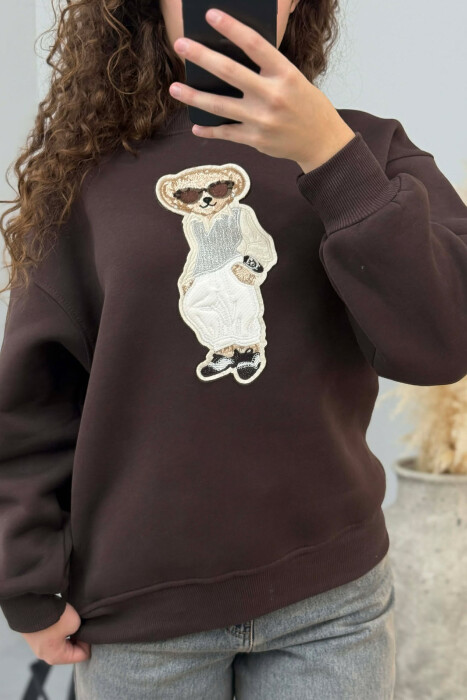 BLUZË ME PUSH DHE ME IMAZHIN E ARUSHIT NË PJESËN PARA PËR FEMRA NË NGJYRË KAFE TË ERRËT - 8