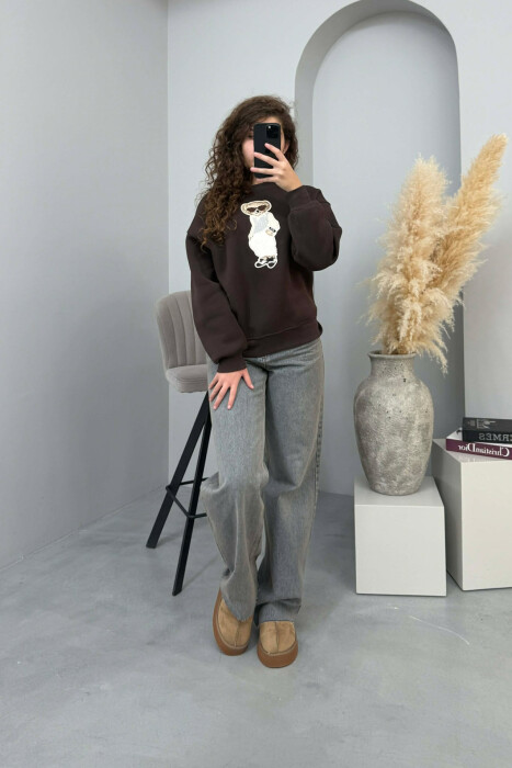 BLUZË ME PUSH DHE ME IMAZHIN E ARUSHIT NË PJESËN PARA PËR FEMRA NË NGJYRË KAFE TË ERRËT - 5