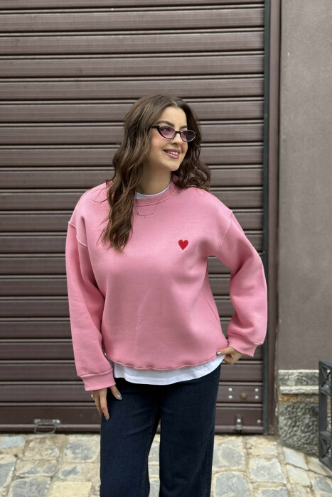 ONE COLOR FLUFFY HEART LOGO WOMEN SWEATSHIRT PINK/ROZE - 2
