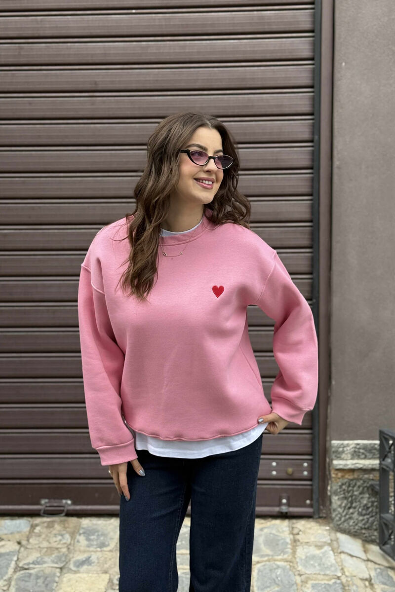 ONE COLOR FLUFFY HEART LOGO WOMEN SWEATSHIRT PINK/ROZE - 2