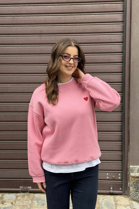 ONE COLOR FLUFFY HEART LOGO WOMEN SWEATSHIRT PINK/ROZE - 3