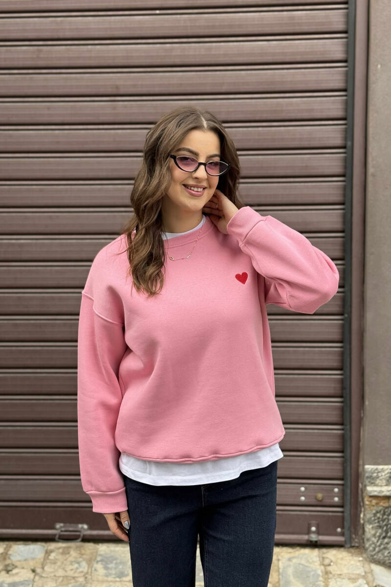 ONE COLOR FLUFFY HEART LOGO WOMEN SWEATSHIRT PINK/ROZE - 3