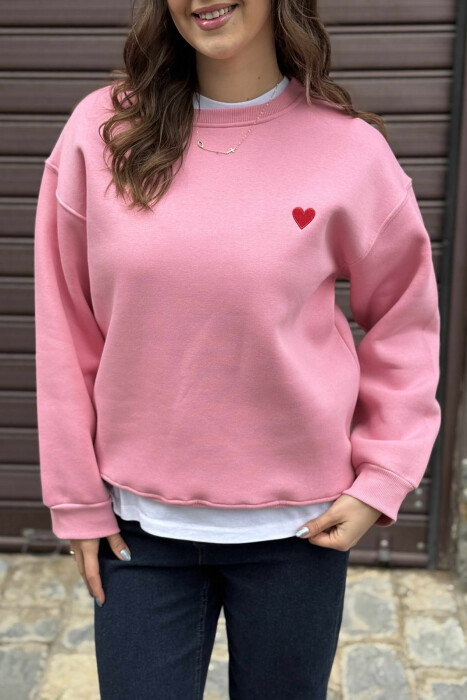 ONE COLOR FLUFFY HEART LOGO WOMEN SWEATSHIRT PINK/ROZE - 4
