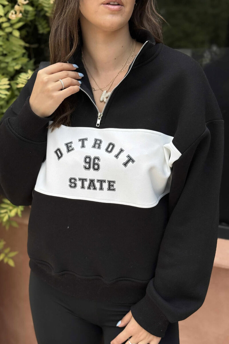 BLUZË ME PUSH ME JAKË ME ZINXHIR DHE SHKRIME PARA PËR FEMRA NË NGJYRËN E ZEZË - 4