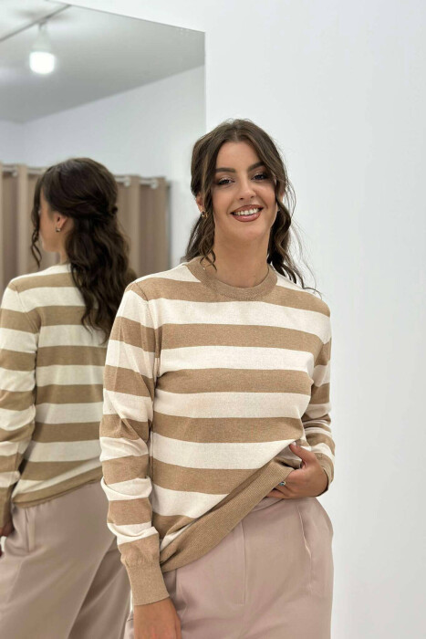 BLUZË ME VIJA PËR FEMRA NË NGJYRË BEZHË - 4