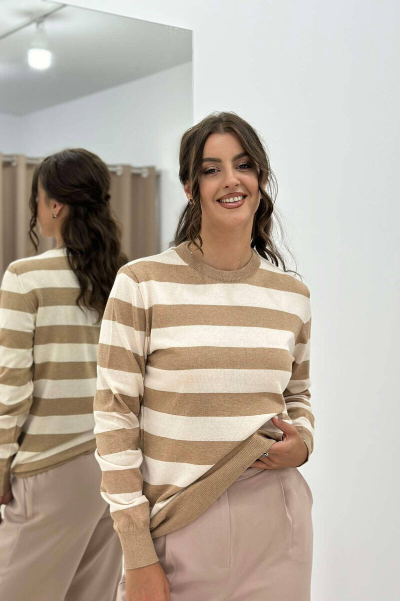 BLUZË ME VIJA PËR FEMRA NË NGJYRË BEZHË - 4