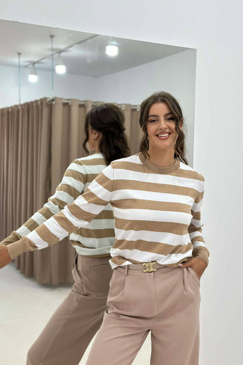 BLUZË ME VIJA PËR FEMRA NË NGJYRË TË BARDHË DHE BEZHË - 5