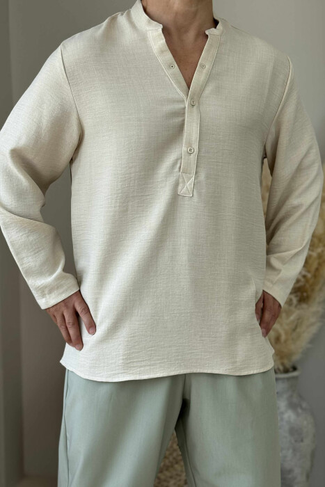 BLUZË NJË NGJYRËSHE E THJESHTË PËR MESHKUJ NË NGJYRËN BEZHË E ZBARDHUR - 3