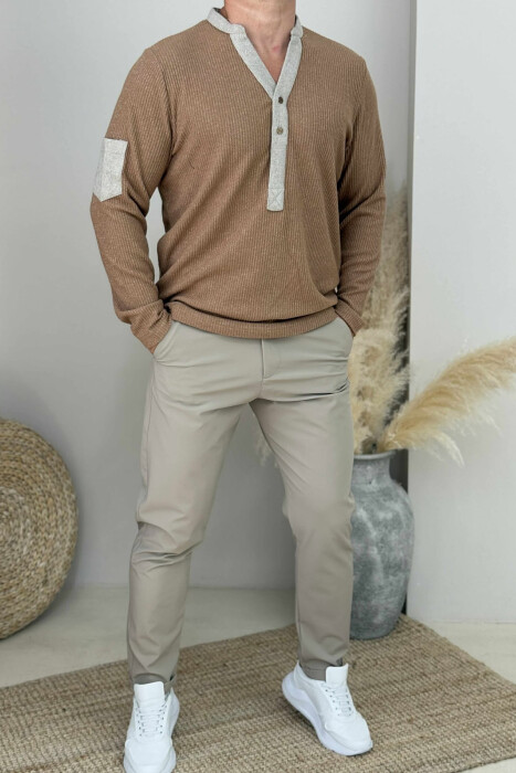 BLUZË NJË NGJYRESHË ME JAKË ME BUTONA PËR MESHKUJ NË NGJYRËN KAFE - 1