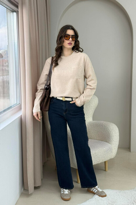 BLUZË NJË NGJYRËSHE ME JAKË RRUMBULLAKE DHE ME DETAJIN E XHEPIT PËR FEMRA NË NGJYRËN BEZHË - 1